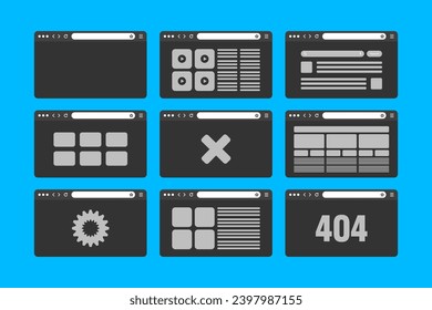 Web browser window, pages layout with toolbar and search field. Modern website, internet page in flat style. Browser mockup for computer, tablet and smartphone. Adaptive UI. Vector illustration