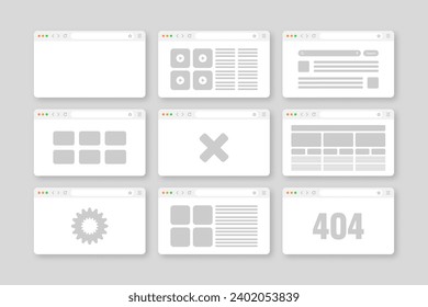 Ventana del explorador Web, diseño de páginas con barra de herramientas y campo de búsqueda. Sitio web moderno, página de internet de estilo plano. Parodia del navegador para computadora, tablet y smartphone. UI adaptable. Ilustración del vector