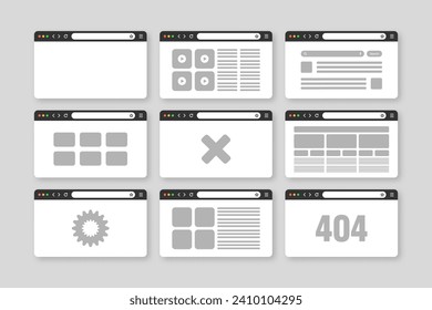 Web browser window, pages layout with toolbar and search field. Modern website, internet page in flat style. Browser mockup for computer, tablet and smartphone. Adaptive UI. Vector illustration