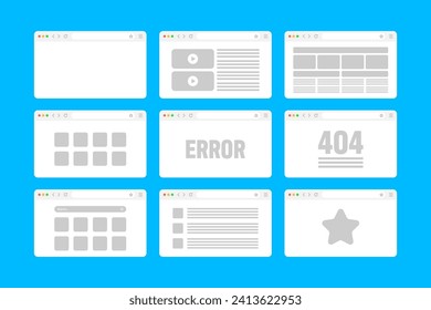 Web browser window, pages layout with toolbar and search field. Modern website, internet page in flat style. Browser mockup for computer, tablet and smartphone. Adaptive UI. Vector illustration