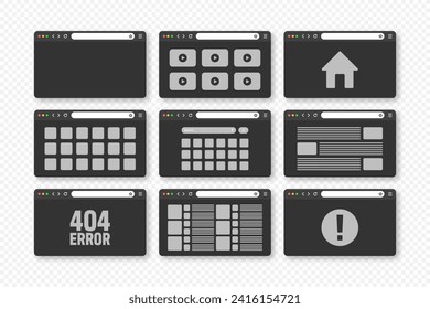 Web browser window, pages layout with toolbar and search field. Modern website, internet page in flat style. Browser mockup for computer, tablet and smartphone. Adaptive UI. Vector illustration