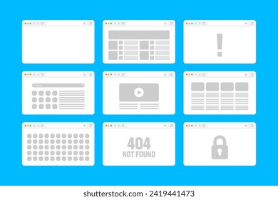 Web browser window, pages layout with toolbar and search field. Modern website, internet page in flat style. Browser mockup for computer, tablet and smartphone. Adaptive UI. Vector illustration