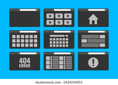 Web browser window, pages layout with toolbar and search field. Modern website, internet page in flat style. Browser mockup for computer, tablet and smartphone. Adaptive UI. Vector illustration