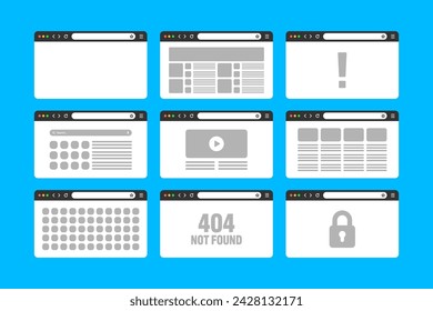 Web browser window, pages layout with toolbar and search field. Modern website, internet page in flat style. Browser mockup for computer, tablet and smartphone. Adaptive UI. Vector illustration