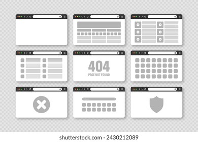 Ventana del explorador Web, diseño de páginas con barra de herramientas y campo de búsqueda. Sitio web moderno, página de internet en estilo plano. Maqueta de navegador para ordenador, tableta y smartphone. UI adaptable. Ilustración de vector