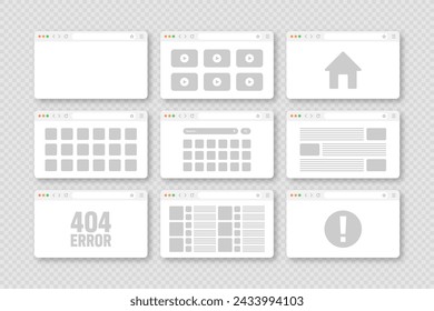 Web browser window, pages layout with toolbar and search field. Modern website, internet page in flat style. Browser mockup for computer, tablet and smartphone. Adaptive UI. Vector illustration