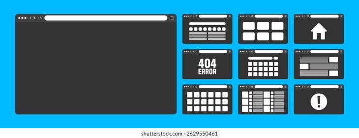 Web browser window, pages layout with toolbar and search field. Modern website, internet page in flat style. Browser mockup for computer, tablet and smartphone. Adaptive UI. Vector illustration