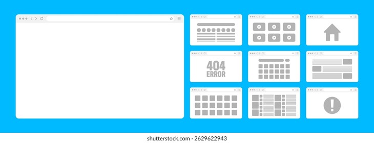 Web browser window, pages layout with toolbar and search field. Modern website, internet page in flat style. Browser mockup for computer, tablet and smartphone. Adaptive UI. Vector illustration