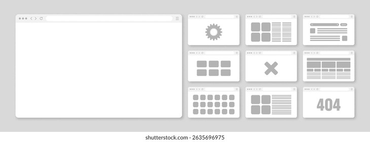 Web browser window, pages layout with toolbar and search field. Modern website, internet page in flat style. Browser mockup for computer, tablet and smartphone. Adaptive UI. Vector illustration