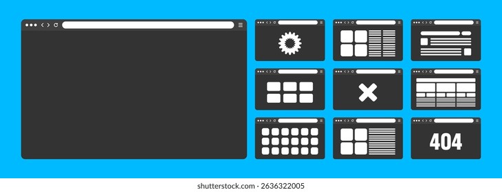Web browser window, pages layout with toolbar and search field. Modern website, internet page in flat style. Browser mockup for computer, tablet and smartphone. Adaptive UI. Vector illustration