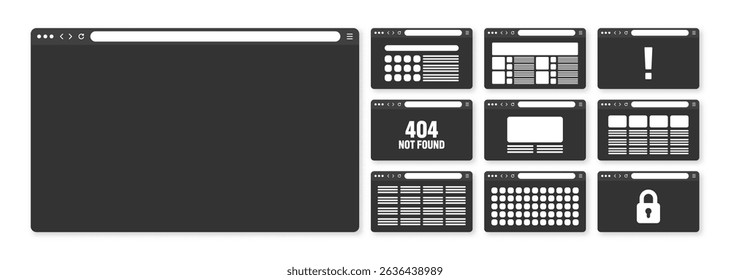 Web browser window, pages layout with toolbar and search field. Modern website, internet page in flat style. Browser mockup for computer, tablet and smartphone. Adaptive UI. Vector illustration