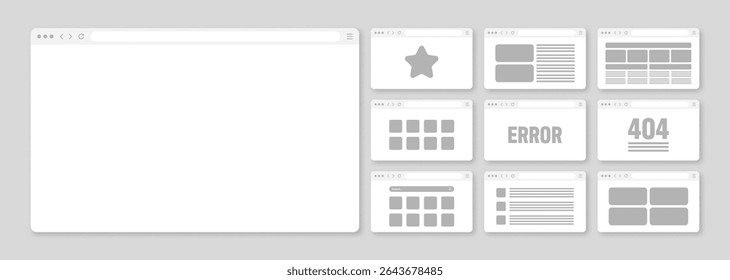Web browser window, pages layout with toolbar and search field. Modern website, internet page in flat style. Browser mockup for computer, tablet and smartphone. Adaptive UI. Vector illustration