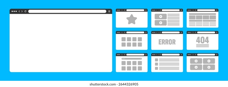 Web browser window, pages layout with toolbar and search field. Modern website, internet page in flat style. Browser mockup for computer, tablet and smartphone. Adaptive UI. Vector illustration
