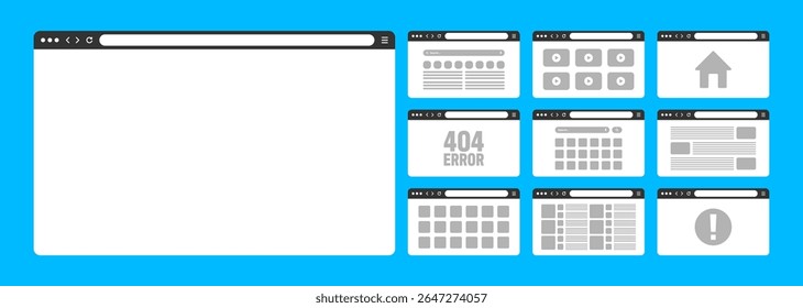 Web browser window, pages layout with toolbar and search field. Modern website, internet page in flat style. Browser mockup for computer, tablet and smartphone. Adaptive UI. Vector illustration