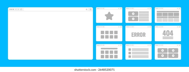Janela do navegador da Web, layout das páginas com barra de ferramentas e campo de pesquisa. Site moderno, página de internet em estilo plano. Maquete de navegador para computador, tablet e smartphone. IU adaptável. Ilustração vetorial