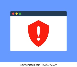 Web browser window with red shield icon. Symbol of dangerous website detection, or cybercrime. Internet threat protection or cyber security concept. Simple flat cartoon vector technology illustration.