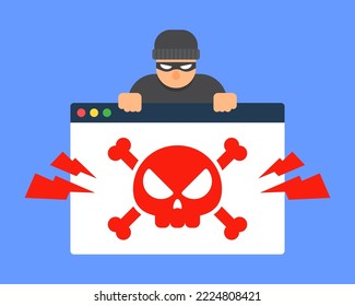 Web browser window with red skull and hacker. Internet threat concept of dangerous websites, dark web, cybercrime, cyber security, or scams. Flat cartoon vector icon design. Technology illustration.