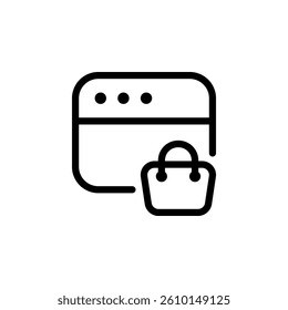 web browser window with a shopping bag icon. Represents online shopping, ecommerce, digital commerce, and internet retail.