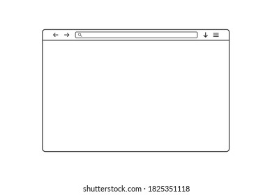 Web browser window. Simple outline web page. Browser template with search bar and loupe icon. Isolated website window on white background. Transparent web browser frame with address. EPS 10