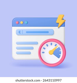 Web browser window with speedometer and lightning bolt symbolizing fast website loading, digital performance, and optimization on a purple background, perfect for SEO topics vector illustration