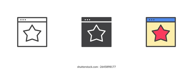 Web browser window with star bookmark icon in line, solid and colorful filled outline style. Vector set for favorite page or feature. Colorful icon pack.