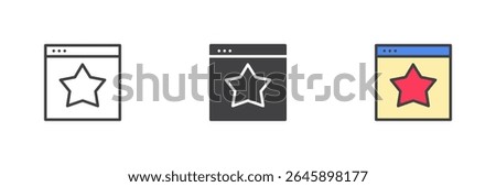 Web browser window with star bookmark icon in line, solid and colorful filled outline style. Vector set for favorite page or feature. Colorful icon pack.