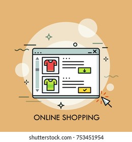 Web browser window with store website and cursor. Concept of online shopping, electronic retail, internet sales. Modern vector illustration in thin line style for banner, advertisement, poster.