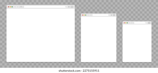 Plantilla de ventana del explorador Web en fondo transparente. Ejemplo de parodia. Vector.