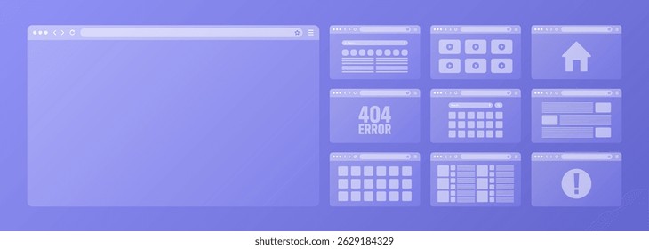 Web browser window, transparent pages layout with toolbar and search field. Modern website, internet page. Browser mockup for computer, tablet and smartphone. Adaptive UI. Vector illustration