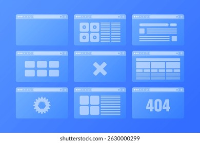 Web browser window, transparent pages layout with toolbar and search field. Modern website, internet page. Browser mockup for computer, tablet and smartphone. Adaptive UI. Vector illustration