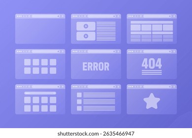 Web browser window, transparent pages layout with toolbar and search field. Modern website, internet page. Browser mockup for computer, tablet and smartphone. Adaptive UI. Vector illustration