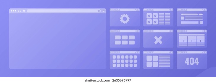 Web browser window, transparent pages layout with toolbar and search field. Modern website, internet page. Browser mockup for computer, tablet and smartphone. Adaptive UI. Vector illustration