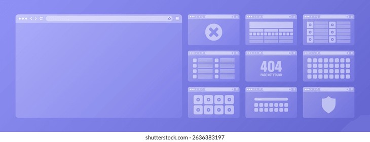 Web browser window, transparent pages layout with toolbar and search field. Modern website, internet page. Browser mockup for computer, tablet and smartphone. Adaptive UI. Vector illustration