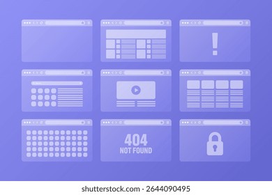 Web browser window, transparent pages layout with toolbar and search field. Modern website, internet page. Browser mockup for computer, tablet and smartphone. Adaptive UI. Vector illustration