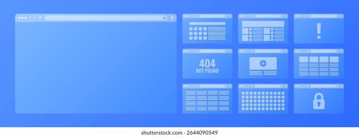 Web browser window, transparent pages layout with toolbar and search field. Modern website, internet page. Browser mockup for computer, tablet and smartphone. Adaptive UI. Vector illustration