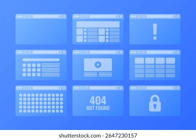 Web browser window, transparent pages layout with toolbar and search field. Modern website, internet page. Browser mockup for computer, tablet and smartphone. Adaptive UI. Vector illustration