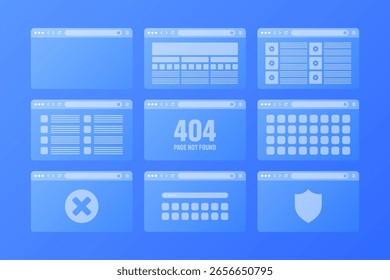 Web browser window, transparent pages layout with toolbar and search field. Modern website, internet page. Browser mockup for computer, tablet and smartphone. Adaptive UI. Vector illustration