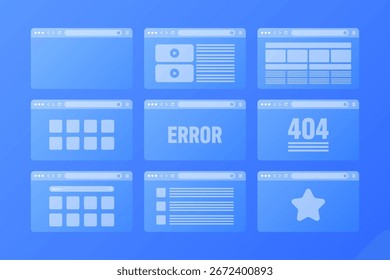 Janela do navegador da Web, layout de páginas transparentes com barra de ferramentas e campo de pesquisa. Site moderno, página da internet. Maquete de navegador para computador, tablet e smartphone. IU adaptável. Ilustração vetorial