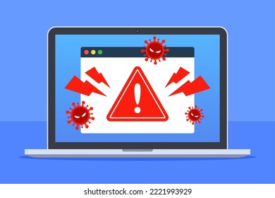 Web browser window with virus detection alert on laptop screen. Internet threat warning. Concept of malware, ransomware, hacking, or cybercrime. Dangerous website. Flat technology vector illustration.