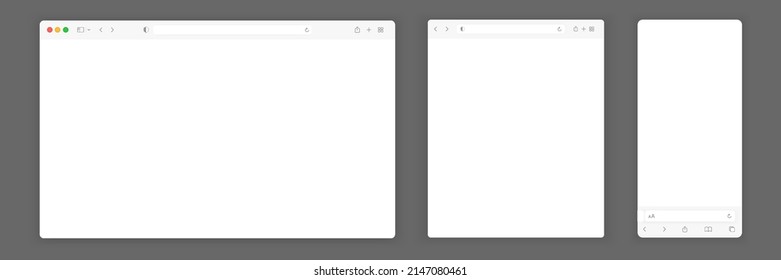 Web browser window white template. Realistic blank browser window with toolbar and shadow. Sample frame design Internet page mockup. PC, laptop, tablet and smartphone empty web page mockup.