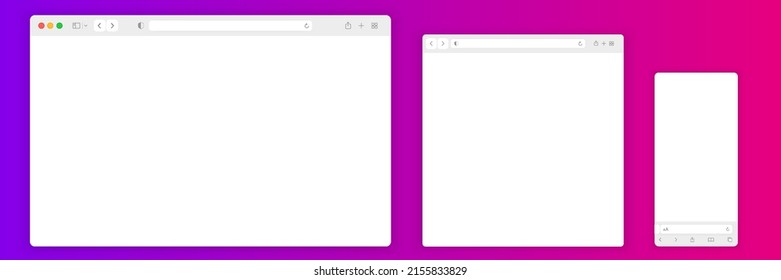 Web browser window white template. Realistic blank browser window with toolbar and shadow. Sample frame design Internet page mockup. PC, laptop, tablet and smartphone empty web page mockup.