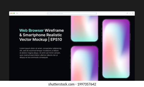 Web Browser Wireframe and Smartphone Realistic Vector Mockup. Gradient Horizontal Slide For Presentation. Vector illustration