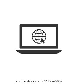 Web browsing concept icon. Laptop with globe and mouse arrow pointer. Globe with cursor.