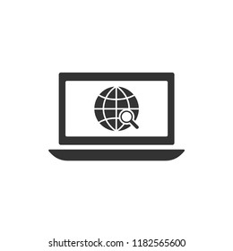 Web browsing and search concept icon. Laptop, globe symbol with magnifying glass.