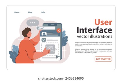 Web browsing and user interface concept. Man navigates a browser page, highlighting the search bar and interacting with website elements. Seamless digital experience. Flat vector illustration