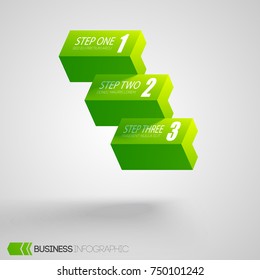 Web business abstract infographics with three green horizontal bricks on light background isolated vector illustration