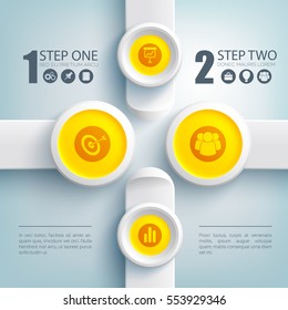 Web business infographic concept with text icons on bright yellow circles and gray rectangles vector illustration