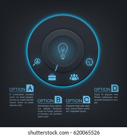 Web business infographics with circle chart blue backlight four options and icons on dark background vector illustration