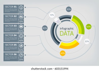 Web business infographics with innovative circle diagram six text horizontal banners and icons vector illustration