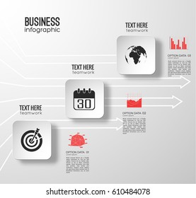 Web business infographics with light three squares icons and line white arrows on gray background vector illustration